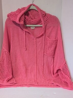 POL Pink Crochet Look Knit Hoodie Sweater, Small